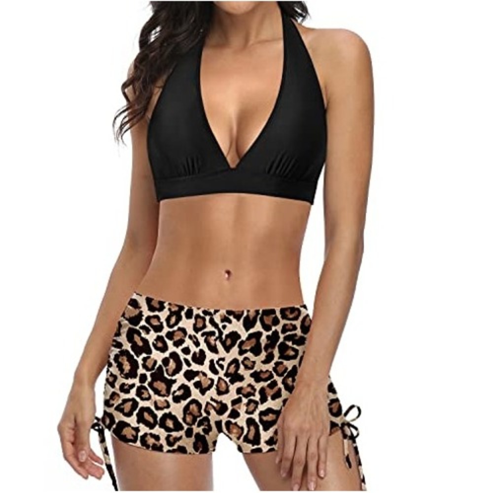 Holipick‎ Women's Leopard Swiming Side Tie Boyshort Bottoms Size L NWT